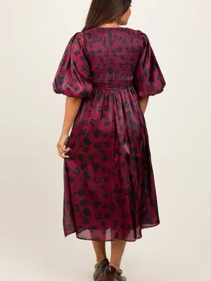 Heart of Mine Burgundy Floral Midi Dress with Puff Sleeves thumbnail 6