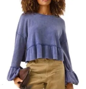 NWT Altar'd State Cropped Mineral Wash Indigo Ribbed Peplum Top S Cottagecore thumbnail 1
