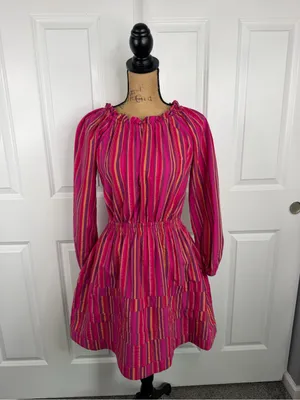 BURU Size S Pink Striped Cotton Long Sleeve Tiered Mini Dress thumbnail 2