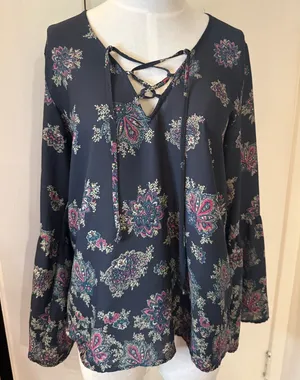 Abercrombie & Fitch Navy Lace-Up Floral Tunic black flowy long sleeve Sz S thumbnail 1