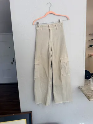 Zara marine cut off raw hem cropped khaki tan cargo wide leg pants 0 thumbnail 6