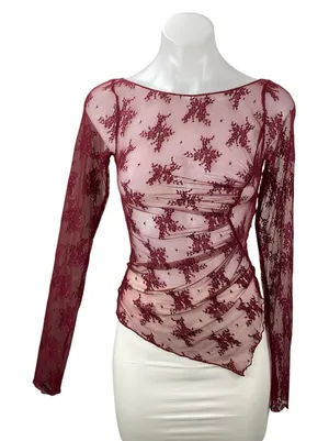 Free People Full Bloom Red Layering Mesh Sheer Lace Long Sleeve Blouse Top Sz XS thumbnail 1