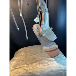 So Me Nude Lace Up Rhinestone Square Toe Clear Flared Stiletto Heels Size 7 thumbnail 5