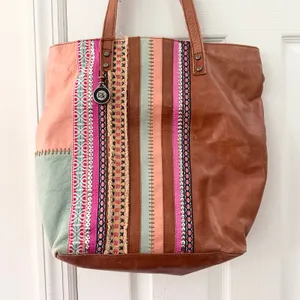 The Sak Tan Leather Patchwork Fabric Embellished Boho Top Zip Shoulder Tote Bag thumbnail 2