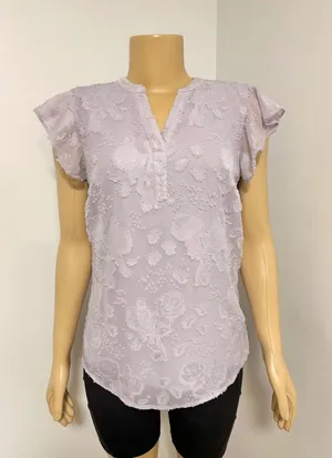 Lavender Purple Pastel Floral Burnout‎ Clip Dot Flutter Sleeve Blouse Small thumbnail 1