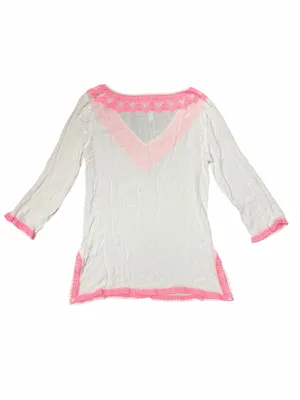 Andree Blue Boho Gauze Swim Cover Up Neon Pink Lace Crochet Trim Tunic S thumbnail 3