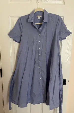 J. Crew Light Blue Button-Front Shirt Dress with Waist Tie thumbnail 1