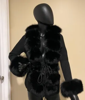 Real fox fur cardigan genuine fur collar trench coat parka jacket wool cape blazer thumbnail 7