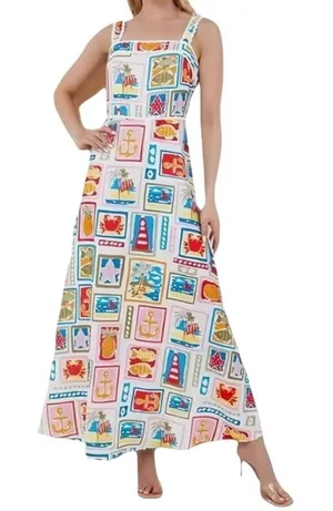 Womens Beach Getaway Square Neck Maxi Dress in Multi, Size L​​​ thumbnail 1