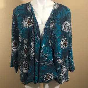 NY Collection Teal peacock feather print cardigan thumbnail 3