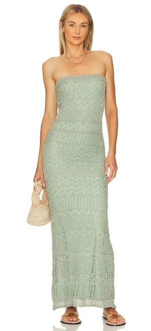 SNDYS x REVOLVE Strapless Crochet Maxi Dress in Green Shimmer thumbnail 1
