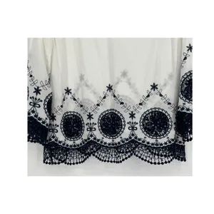 EN CRÈME Blouse‎ Women Medium White Navy Blue Embroidered Crochet Hem V-Neck thumbnail 9