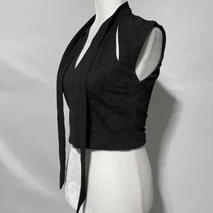 Zara Slit Front Cap Sleeve Cropped Tie Neck Top Black Size Small 5410/234/800 thumbnail 11