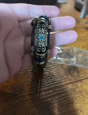 Vintage Multilayer Black Leather Bracelet Silver Accents and Turquoise Stone thumbnail 7