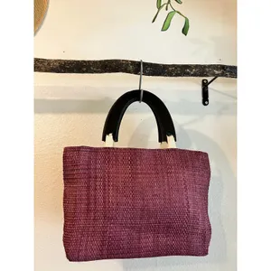 Purple Sisal Natural Fiber Wooden Handle Medium Top Handle Top Bag NEW thumbnail 2