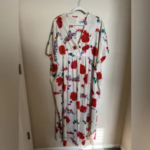 Vintage 70s Floral Kaftan MuuMuu Empire Waist Sz Medium‎ Red White thumbnail 2