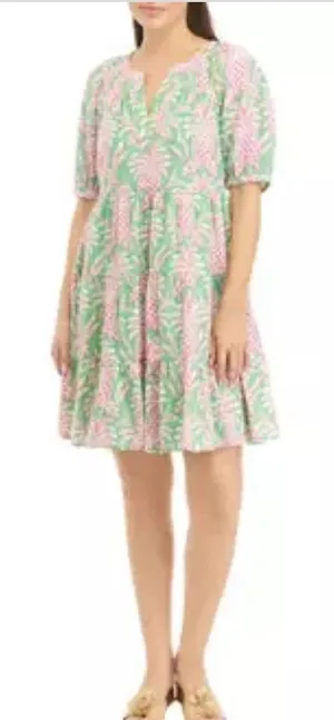 Crown Ivy Dress Sz‎ S Pineapple Green Cottage Tiered Tropical Puff Short thumbnail 1