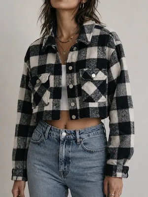Zara Black White Cropped Buffalo Plaid Button Down Check Shacket thumbnail 1