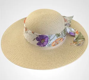 Adrienne Vittadini Beige Straw Sun Hat with Sparkly Floral Scarf thumbnail 1