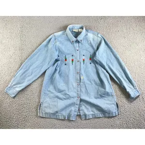 220 Hickory‎ Denim Button Up Shirt Women M Embroidered Feather Western Chore Vtg thumbnail 2