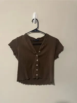 Brandy Melville Paige ruffle crop short sleeve shirt brown one size thumbnail 2