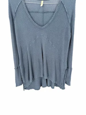 Free People Blue Gray Sunset Park Drippy Thermal Waffle Knit Oversized Shirt Top thumbnail 5