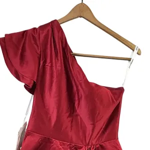 JJs House Burgundy Satin One Shoulder Ruffle Maxi‎ Gown Dress Pockets Size 4 NEW thumbnail 4