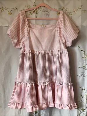 BiBi Cute Pink Pastel Stripe Ruffle Tier Puff Sleeve Babydoll Summer Dress Sz XL thumbnail 5