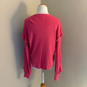 Pilcro and the Letterpress Anthropologie Pink Waffle Knit Ruffle Sleeve Thermal‎ V-Neck Top Small thumbnail 3