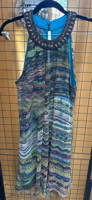 Muse Women's High End Beaded Halter Dress 100% silk in Blue thumbnail 1
