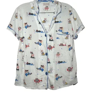 PJ Salvage Womens XS Pajama Top White Beach Dog Print Button Up Short Sleeve thumbnail 1