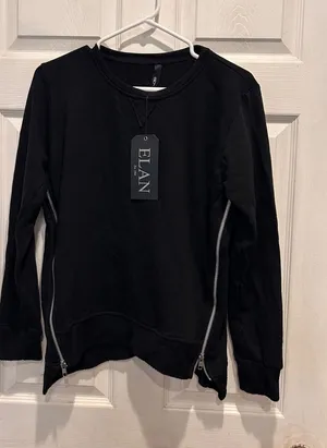 Elan Womens Black Side Zip Crew Neck Sweatshirt Large NWT Made in USA Minimalist thumbnail 1