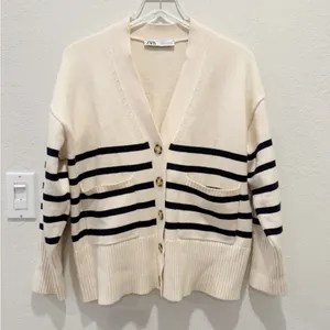 ZARA Stripe Cardigan Sweater in Ivory and Black‎ Stripes button front thumbnail 2