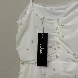NEW Lulus Toast to Romance White Ruched Pearl Bodycon Midi Dress Sz LARGE thumbnail 12