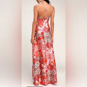 NWT Lulus Whirlwind Red Multi Scarf Print Satin Maxi Dress Size Small‎ thumbnail 2