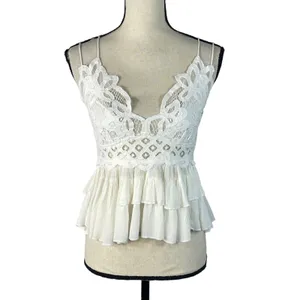 Free People Intimately Medium Adella Cami Top White Ruffled Crochet Lace Smocked thumbnail 2