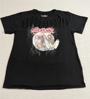 Aerosmith Graphic T-Shirt Black Cotton Cut Out Distressed Rock Band Tee Large thumbnail 1