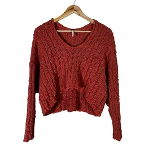 Free People High Low Open Knit V-Neck Sweater Rust Orange Boho Cropped Size M thumbnail 2