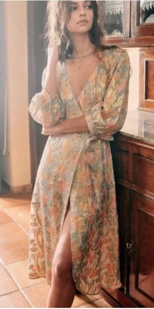 RARE NWT Sezane Orchidee Metallic golden Wrap silk midi Dress bust 38 SZ38 US6 thumbnail 1