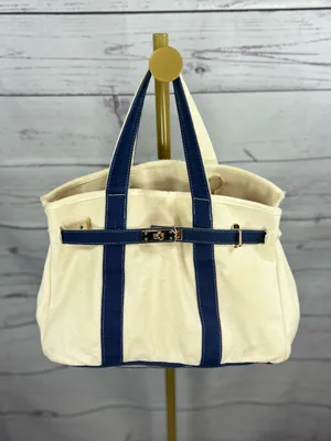 Designer Inspired Ivory & Navy Canvas Satchel Tote Bag Gold Hardware thumbnail 2