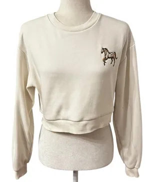 Aritzia Sunday Best Cropped Crewneck Sweatshirt, Ivory Horse Embroidery, Size XS thumbnail 1