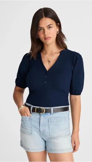 Madewell Puff Sleeve Henley Knit Top Blue Modal Blend Size XL NWT thumbnail 1