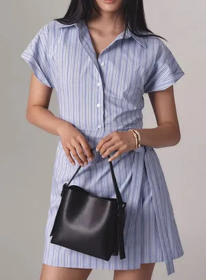 Anthropologie Maeve Button Front Wrap Mini Shirt Dress Pinstripe Large Preppy thumbnail 1