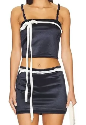 REVOLVE Satin Bow Lace Two-Piece Mini Skirt Set XS - Navy & White thumbnail 1