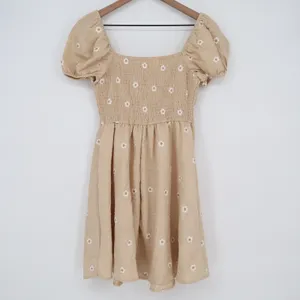 MINE Tan Floral Daisy Smocked Puff Sleeve Mini Dress Small thumbnail 5