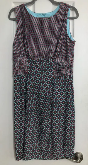Roz & Ali‎ New geometric dress sleeveless ruched waist pink blue women’s size 12 thumbnail 1