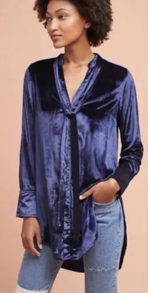 Anthropologie Navy Blue Velvet Tie Top Size 14 New With Tags thumbnail 1