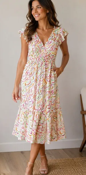 Hatley Colorful Ab Print Midi Dress XS Modal Flutter Sleeve | Smocked Waist thumbnail 1