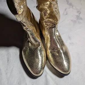 Gold Metallic Snakeskin Textured Faux Leather Knee High Scrunch Boots 36 5.5 thumbnail 2