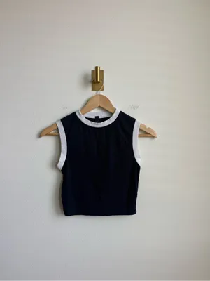 SKIMS Women's Ribbed Contrast Trim Cropped Tank Top Navy White XS thumbnail 2